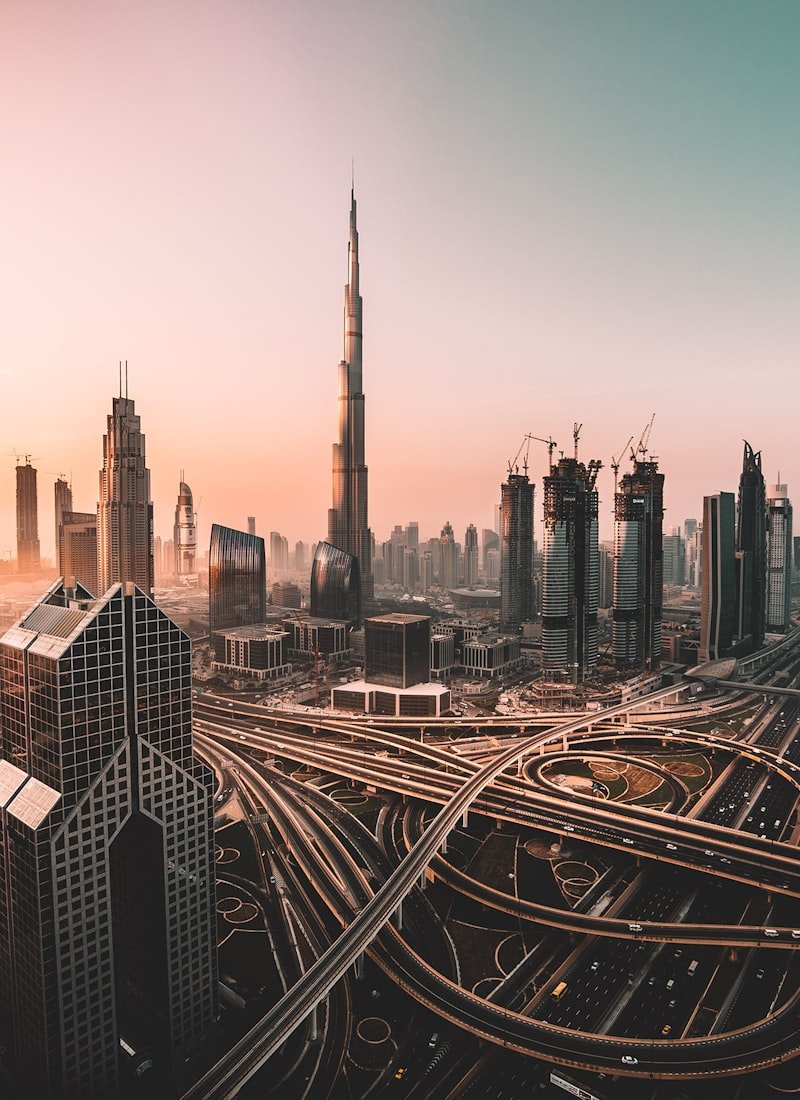 Dubai skyline at sunset with the Burj Khalifa